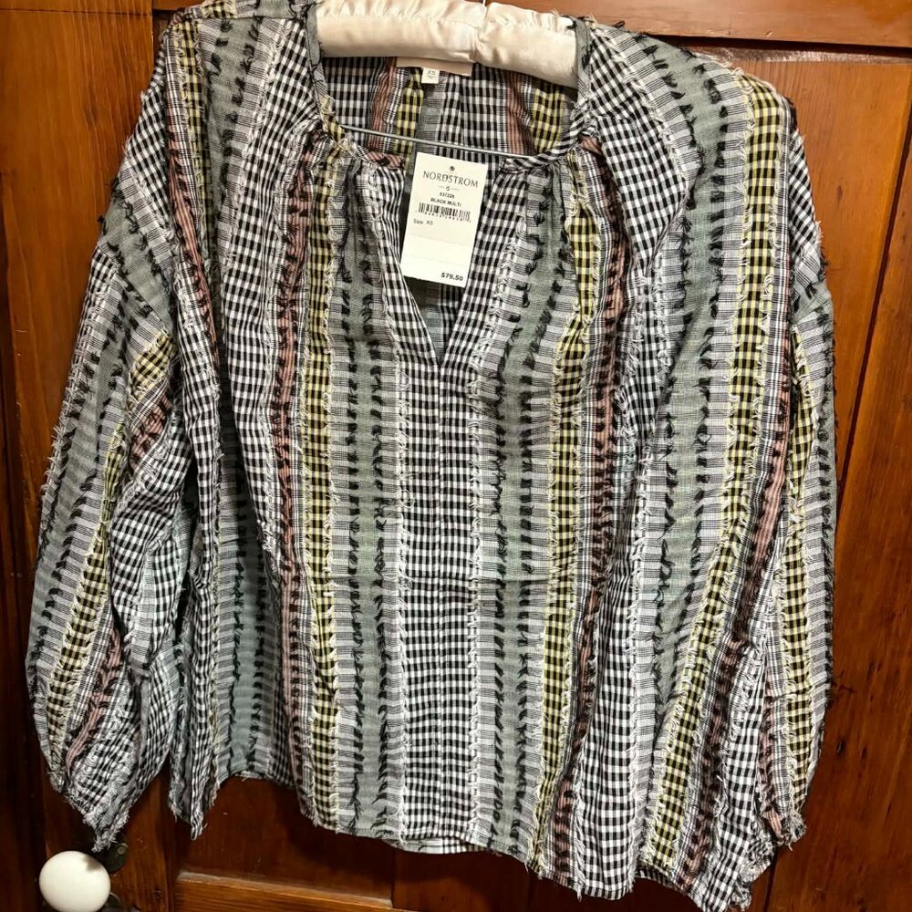 $79 NWT Lou & Grey Striped Peasant Blouse Multicolor Gingham Size XS but Bigger